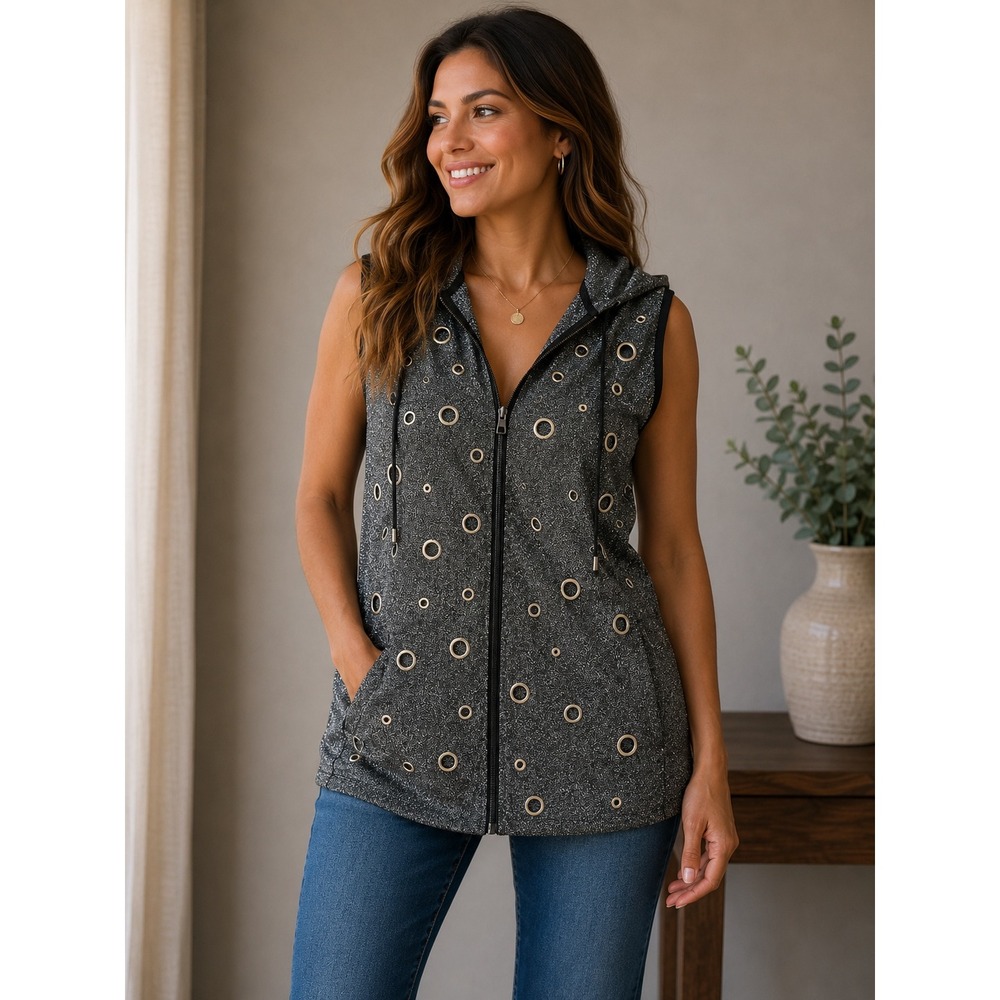 Berek Womens Metallic Knit Grommet Zip Up Hooded Vest Charcoal Silver Sparkle M
